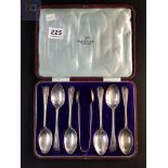 CASED SILVER TEASPOON SET AND SUGAR TONGS SHEFFIELD BY WALKER AND HALL