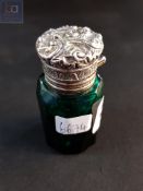 SILVER TOPPED (TESTS TO) ANTIQUE GREEN GLASS PILL BOTTLE