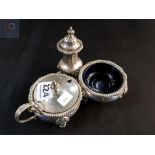 SILVER CRUET/CONDIMENTS WITH LION HEAD FEET AND BRISTOL BLUE LINERS BIRMINGHAM 1928/29 BY