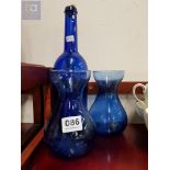 BRISTOL BLUE BOTTLE AND 2 VASES