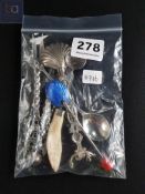 ASSORTED SILVER SPOONS TO INCLUDE ENAMEL, SHELL, COIN ETC 66.8G