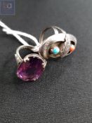 SILVER AND PURPLE STONE RING AND SILVER, TURQUOISE AND CORAL RING