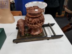 CARVED AFRICAN GINGER JAR AND ELEPHANT AND SCREEN