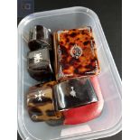 BOX LOT TO INCLUDE SILVER MOUNTED TORTOISESHELL NAPKIN RINGS, NOTEBOOK, GLASSES ETC
