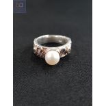 SILVER PEARL AND BLUE TOPAZ 'PANDORA' RING