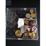 TRAY LOT OF MEDALLIONS, BADGES ETC