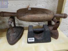 WEIGHT, 2 IRONS AND ANTIQUE ROLLING PIN
