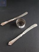 2 SILVER HANDLED KNIVES AND NAPKIN RING