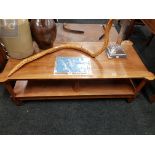 LONG TEAK DOUBLE DECK ORNATE SHAPED COFFEE TABLE WITH DARK WOOD INLAID TAPERED LEGS