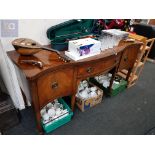 LARGE MAHOGANY AND WALNUT INLAID SIDEBOARD , ON 6 SPADE FOOTED LEGS