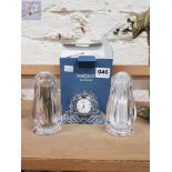 WATERFORD CRYSTAL CONDIMENT SET AND SMALL MANTLE CLOCK