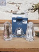 WATERFORD CRYSTAL CONDIMENT SET AND SMALL MANTLE CLOCK