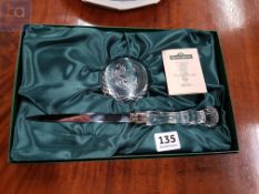 BOXED TYRONE CRYSTAL PAPERWEIGHT AND LETTER OPENER SET