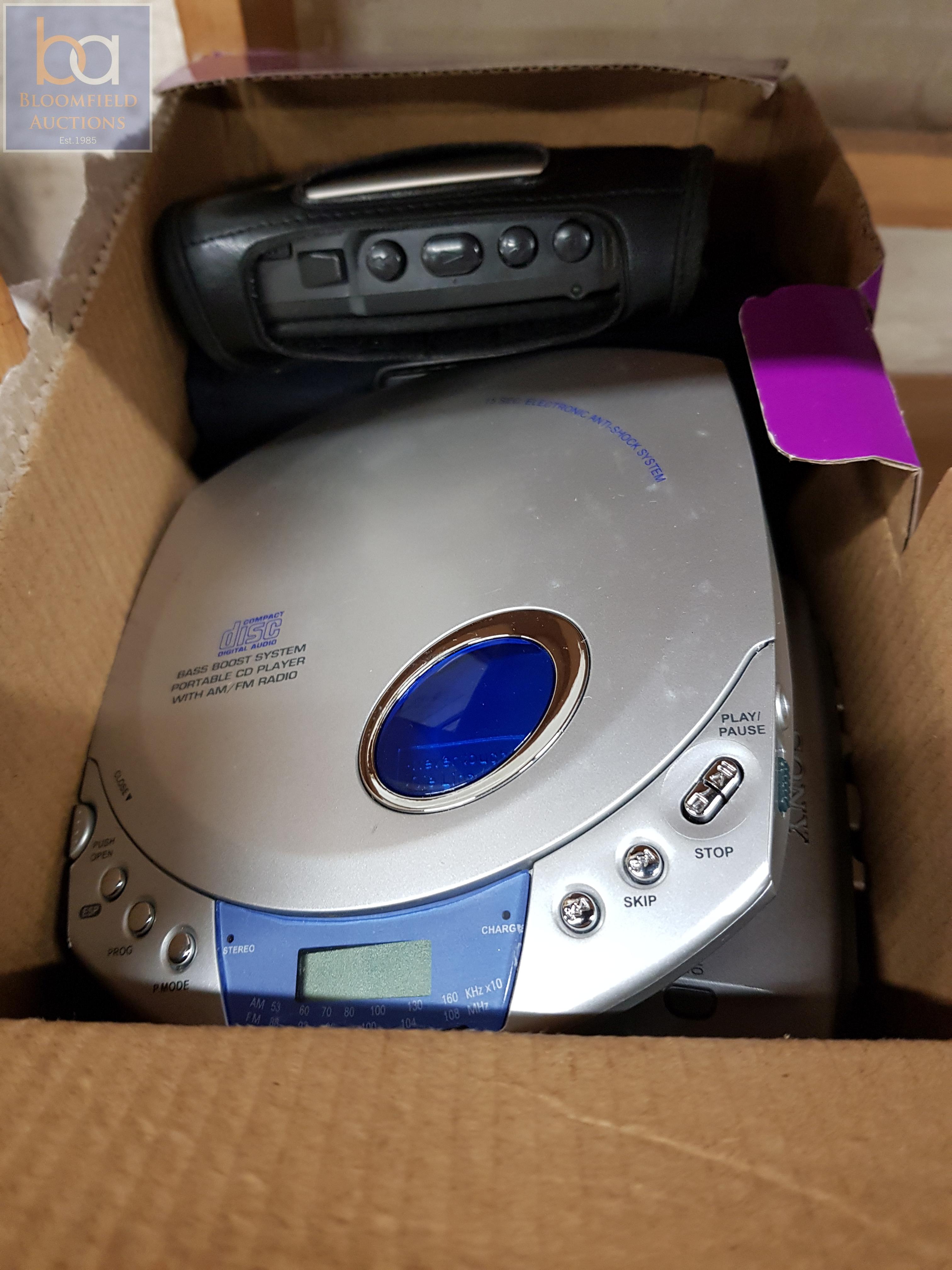 BOX CONTAINING 3 RADIOS, 2 WALKMANS, 2 CD PLAYERS, 2 CAMERAS AND 1 DICTAPHONE