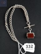 ANTIQUE SILVER ALBERT WATCH CHAIN WITH BLOODSTONE FOB