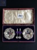 PAIR OF SILVER SALTS (BOXED) WITH ASSOCIATED SPOONS
