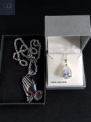 SILVER CZ PENDANT ON SILVER CHAIN AND PRAYING HANDS PENDANT AND CHAIN