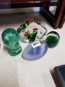 4 COLOURED GLASS PAPERWEIGHTS