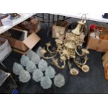 LARGE HEAVY BRASS CHANDELIER WITH 12 LIGHTS AND FLAME EFFECT SHADES (SOME SHADES DAMAGED)