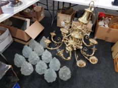 LARGE HEAVY BRASS CHANDELIER WITH 12 LIGHTS AND FLAME EFFECT SHADES (SOME SHADES DAMAGED)