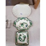 BELLEEK SHILL DISH AND 2 MASONS DISHES