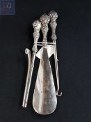 SILVER HANDLED SHOE HORN, BUTTON HOOK AND GLOVE STRETCHER