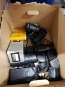 LARGE BOX OF CAMERAS, LENSES AND ACCESSORIES