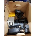 LARGE BOX OF CAMERAS, LENSES AND ACCESSORIES