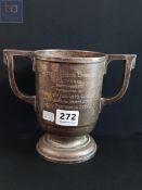 SILVER TWIN HANDLED TROPHY CHESTER MENTIONS OF RIGHT HON LORD CARSON IN INSCRIPTION 6" TALL