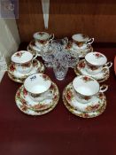 ROYAL ALBERT OLD COUNTRY ROSES TEA SET AND 4 PIECES OF CRYSTAL