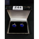 PAIR OF DESIGNER SILVER AND LAPIS CUFF LINKS BOXED