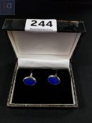 PAIR OF DESIGNER SILVER AND LAPIS CUFF LINKS BOXED
