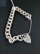 HEAVY SILVER CURB LINK BRACELET WITH HEART PADLOCK CATCH