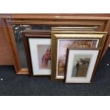 LARGE WALL MIRROR AND QUANTITY OF PRINTS AND PICTURES