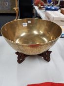 LARGE ORIENTAL BRASS BOWL ON STAND