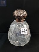 LARGE VICTORIAN CUT GLASS SCENT BOTTLE WITH SILVER TOP AND ORIGINAL STOPPER