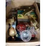 BOX LOT OF GLASSWARE AND BRASS