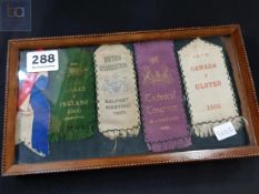 FRAMED EDWARDIAN AND VICTORIAN PENNANTS TO INCLUDE ULSTER AND IRELAND RUGBY