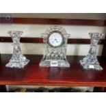 WATERFORD CRYSTAL 'LISMORE' MANTLE CLOCK AND MATCHING CANDLESTICKS