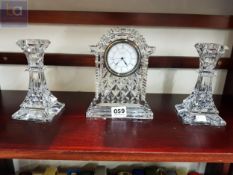 WATERFORD CRYSTAL 'LISMORE' MANTLE CLOCK AND MATCHING CANDLESTICKS