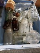 LARGE BOX LOT OF OLD GLASS JARS AND BOTTLES ETC