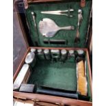 ANTIQUE GENTLEMANS FITTED TRAVEL CASE WITH SILVER AND SILVER TOPPED ITEMS