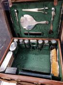 ANTIQUE GENTLEMANS FITTED TRAVEL CASE WITH SILVER AND SILVER TOPPED ITEMS