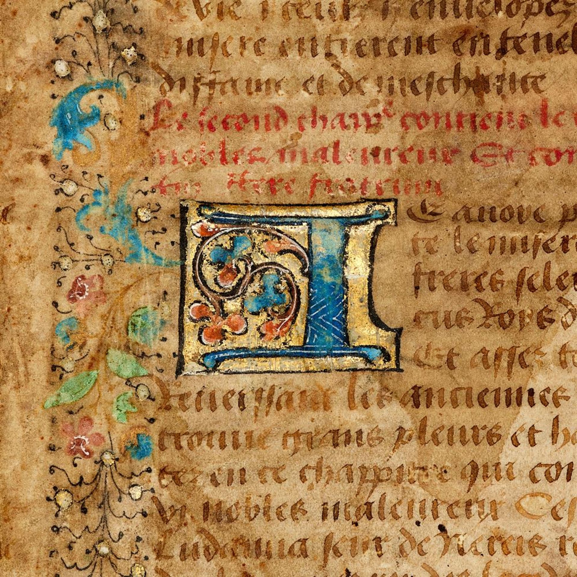 Bifolium from a large illuminated manuscript of Laurent de Premierfait's French translation of Bocca - Image 2 of 2