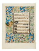 Leaf with prayers that follow a Litany, from a Book of Hours with border scenes most probably