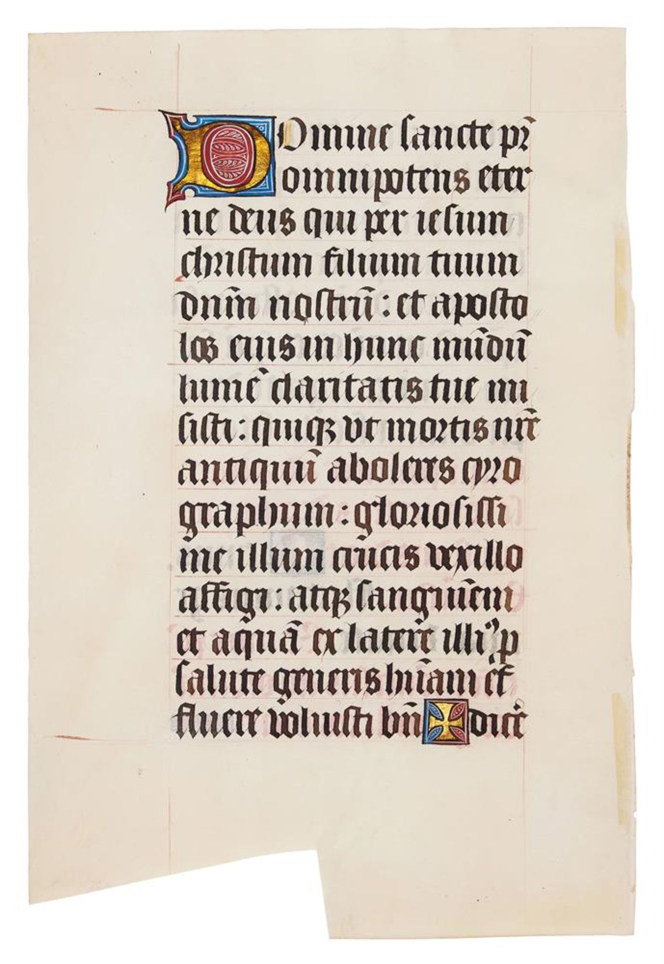 Leaf from a large illuminated Pontifical, in Latin, manuscript on parchment