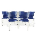 6 blue resin and chromed plated steel Storm stackable chairs, Carlo Bartoli for Segis