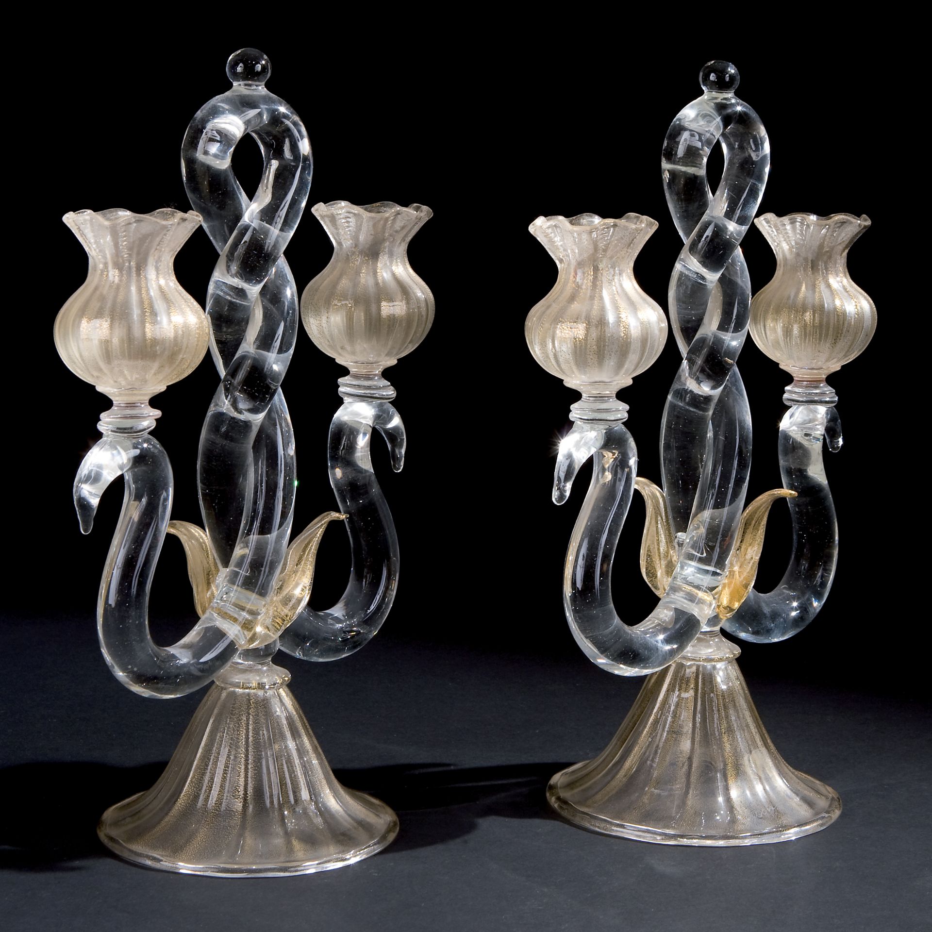 A pair of blown glass two-light candelabra, Murano