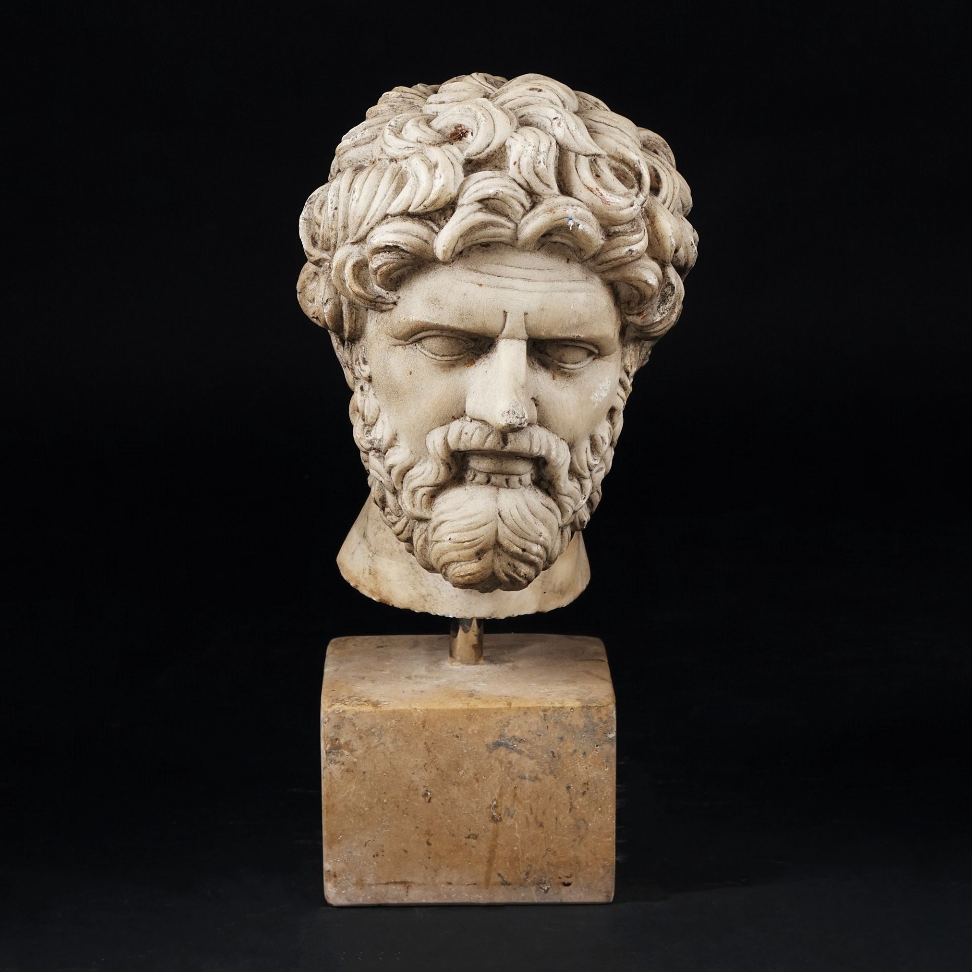 A white marble head of a bearded man