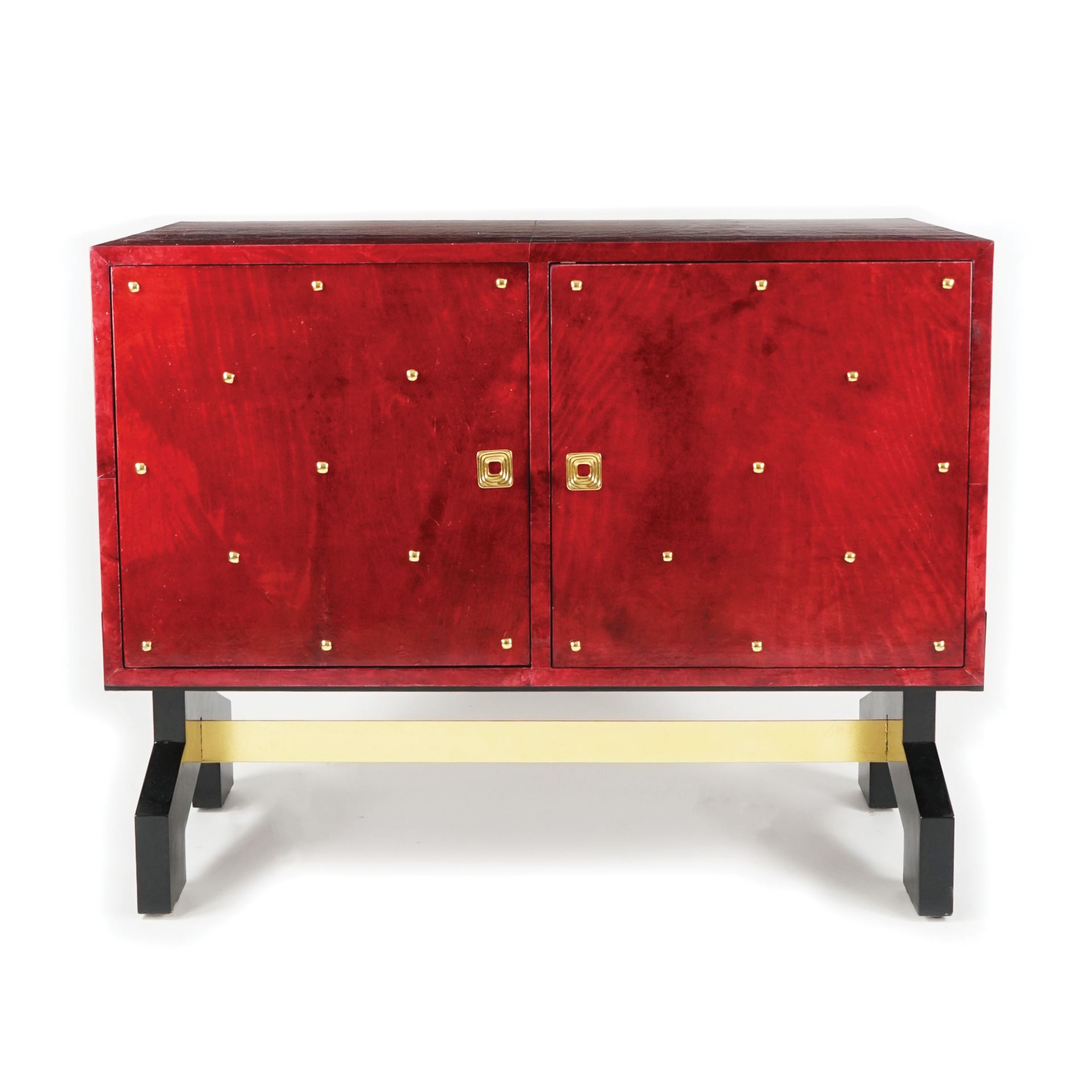 A red painted and lacquered parchment coated wood sideboard